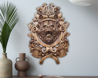 Celtic Bear Wood Carving, Viking Wall Decor, Wood Carved Bear with Traditional Celtic Patterns
