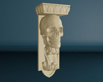 May include: A beige, decorative wall bracket with a sculpted human skull. The bracket has a scroll-like design and a decorative top.