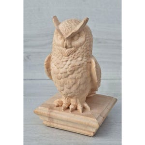 Standbeeld gehoornde uil, houten uil paaldop, uil kruisbloem voor trappijlers, hout gesneden paal kruisbloem, bed paal kruisbloem