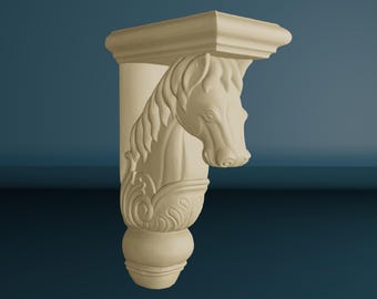 Wood Carved Horse Corbel, Unpainted Wooden Bracket, Furniture Carving Décor