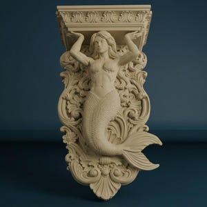 May include: A beige wall corbel featuring a sculpted mermaid figure with arms raised to support a flat top ledge. The mermaid is surrounded by intricate relief carvings of swirling acanthus leaves, floral motifs, and shell details.