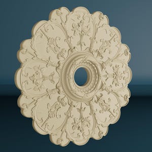 Runde Rosetten-Onlay im Barockstil, unbemalte Holzapplikation, Holz geschnitztes Deckendekor mit Ornamenten