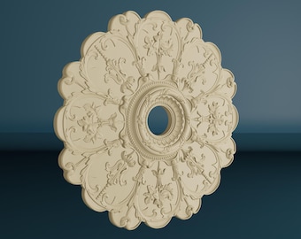 Baroque Style Round Rosette Onlay, Unpainted Wooden Applique, Wood Carved Ceiling Decor with Ornaments