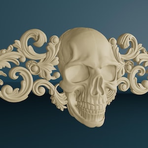 Gothic Style Skull Wood Carved, Wooden Skull Applique with Ornamental Floral Details, Decorative Wood Carving with Skull
