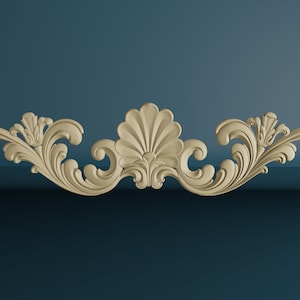 Shell with Flowing Leaves Wood Carved Applique, Unpainted Wooden Onlay, Furniture Wood Carving Décor