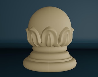 Puede incluir: Elemento arquitectónico decorativo beige con una parte superior redondeada y una base. El diseño presenta una serie de formas estilizadas en forma de hoja alrededor de la sección media. La base tiene un diseño circular en capas. El fondo es de color verde azulado oscuro.