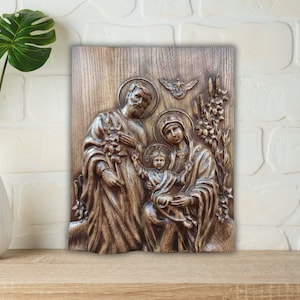 Holy Family Wooden Icon, Birth of Jesus Christ Wood Carved Icon, Nativity Wall Plaque