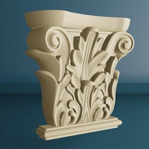 Wood Carved Capital with Flowing Leaves, Unpainted Wooden Capital, Furniture Wood Carving Décor