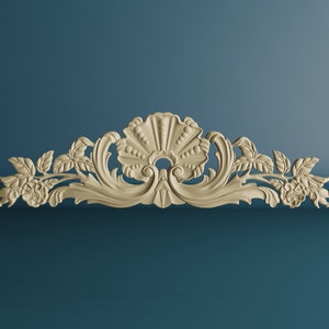 Shell with Flowing Acanthus Leaves Wood Carved Applique, Unpainted Wooden Onlay, Wood Carving Décor