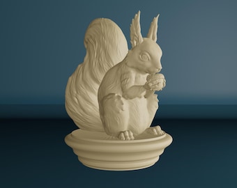 Squirrel Statue on a Round Base, Wooden Squirrel Newel Post Cap, Squirrel Finial for Staircase Pillars, Wood Carved Post Finial