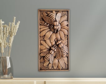 Honey Bees Wood Carving, Bees on Flowers Wall Décor