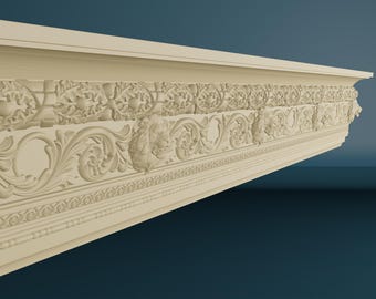 Può includere: Una modanatura decorativa con intagli intricati di foglie, fiori e teste di leone. La modanatura è realizzata in materiale beige chiaro e ha una finitura liscia e lucida.