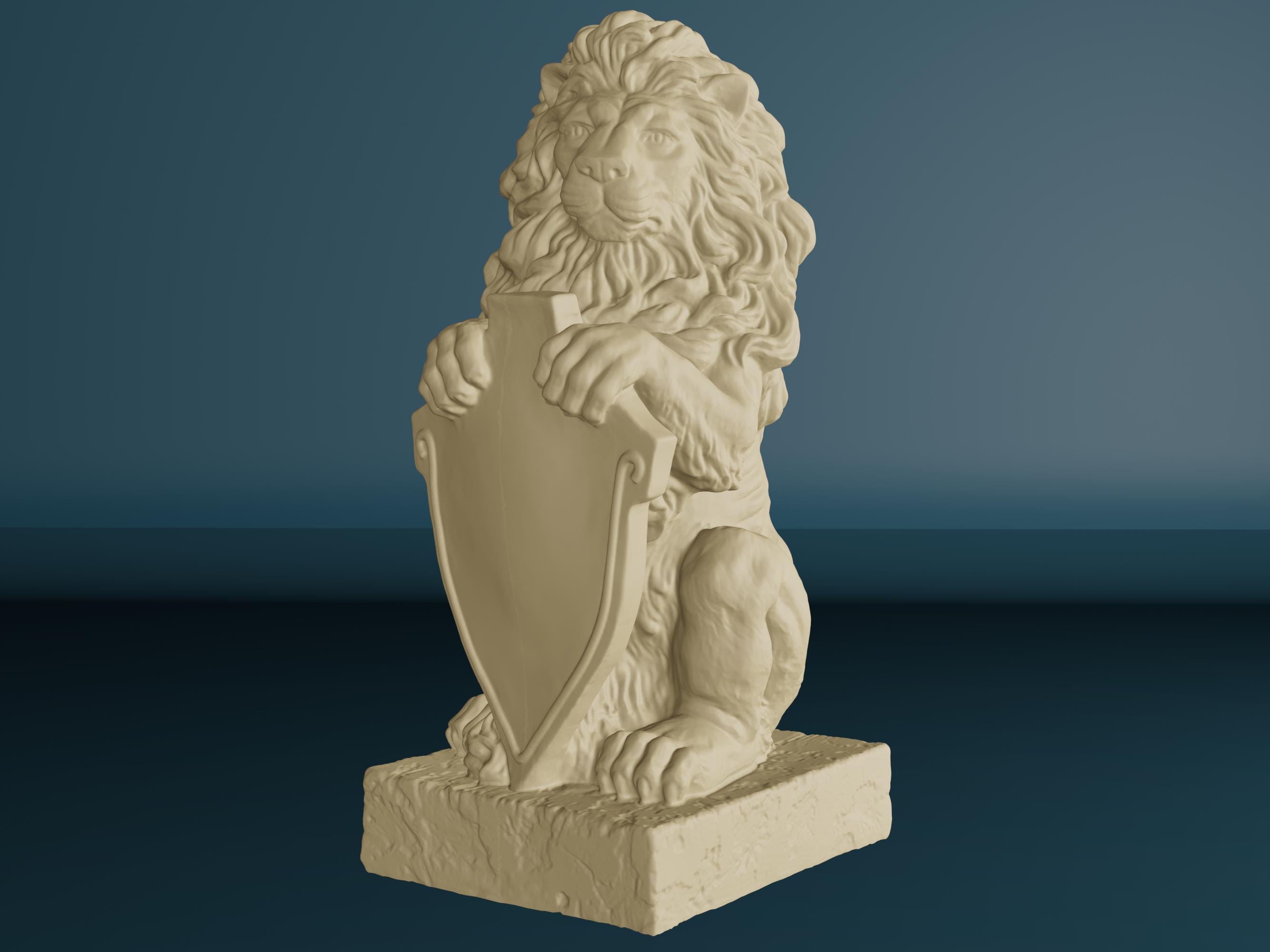 Personalized Wood Carved Lion with a Shield, Unpainted Wooden Lion Statue, Customised Lion Wood Carving