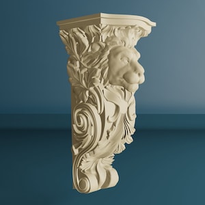May include: A decorative corbel featuring a lion's head and intricate floral carvings. The corbel is crafted from a light beige material and has a smooth, polished finish.