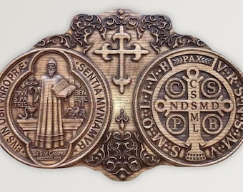 Saint Benedict Medal Wood Carving Plaque, Wood Carved Religious Icon of St. Benedict