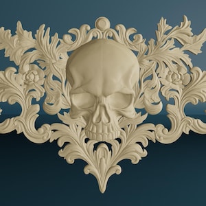 Gothic Inspired Skull Onlay Wood Carved, Skull with Floral Patterns Wood Carving, Decorative Wood Applique with Skull