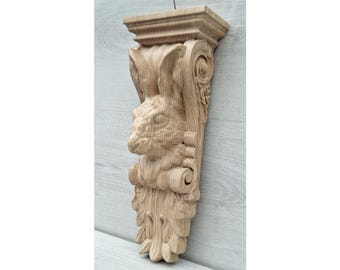 Wood Carved Rabbit Corbel, Unpainted Wooden Bracket, 1 peace