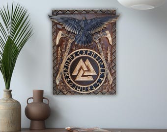 Viking Valknut Runes Wood Carving, Odin's Raven Wood Carved, Norse Mythology Wooden Wall Art
