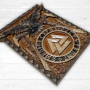 Viking Valknut Runes Wood Carving, Odin's Raven Wood Carved, Norse Mythology Wooden Wall Art