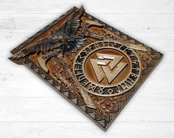 Viking Valknut Runes Wood Carving, Odin&#39;s Raven Wood Carved, Norse Mythology Wooden Wall Art