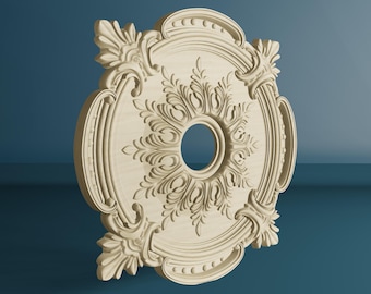 Wood Carved Round Rosette Onlay, Unpainted Wooden Applique Rosette, Ceiling Decor with Ornaments
