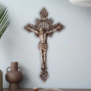 Wood Carved Crucifix, Wooden Christian Wall Cross, Jesus Christ Wood Carving