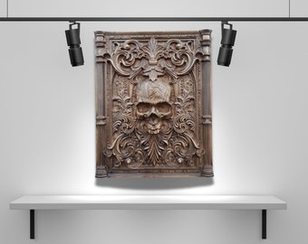 Skull Wall Décor, Wood Carved Skull Panel