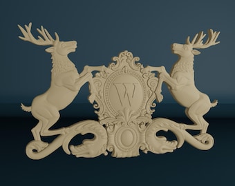 Personalized Coat of Arms Onlay with Stags, Wood Carved Stags Applique, Emblem with Stags Wood Carving