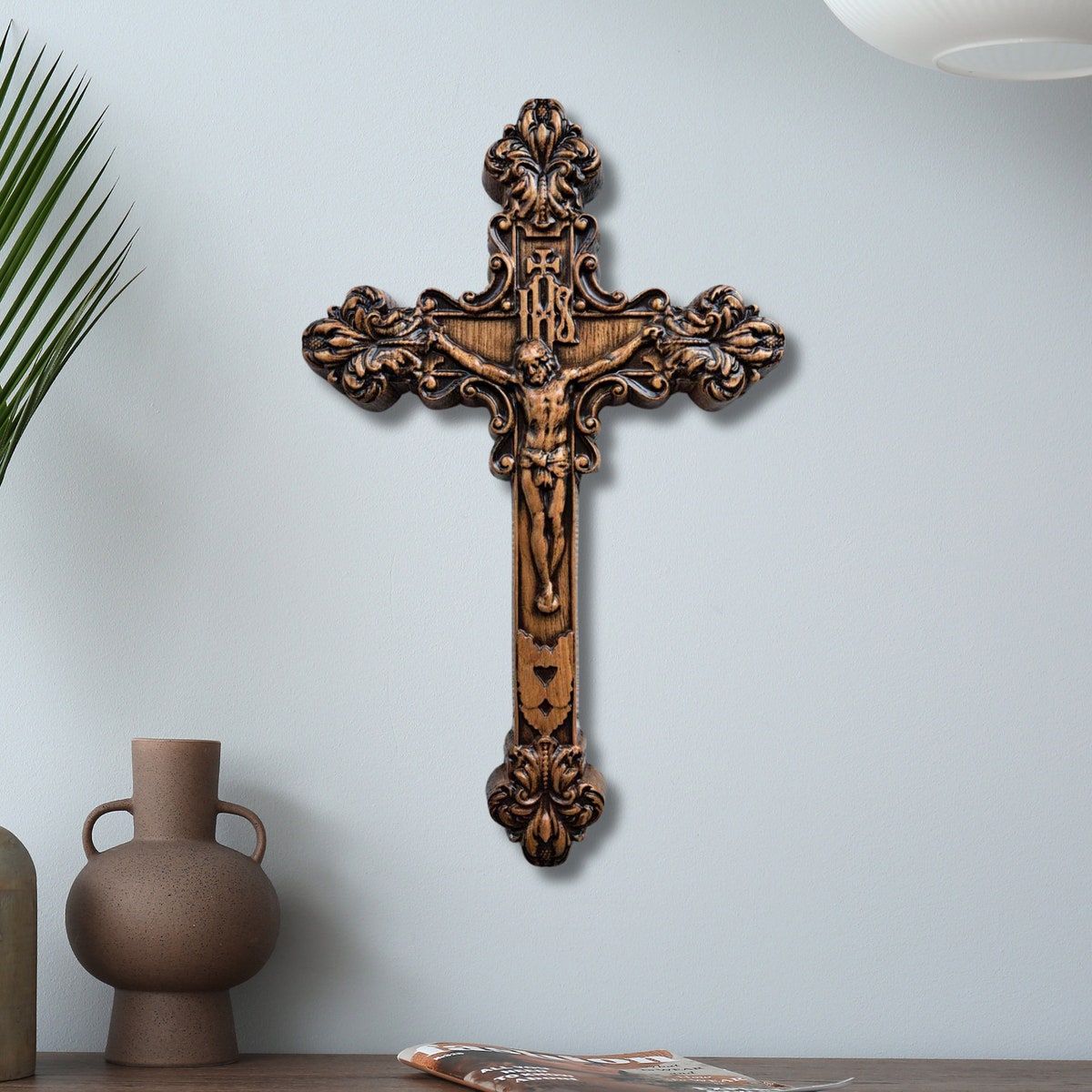 Wood Carved Crucifix, Wooden Christian Wall Cross - Etsy