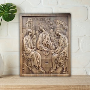 Holy Trinity Icon Wood Carving, Wooden Orthodox Icon of Holy Trinity