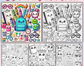 30 Kawaii Back to School Coloring Pages, Classroom Printables (Digital Download