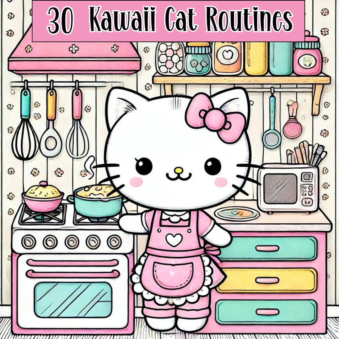 30 Kawaii Cat Routines Coloring Book for Kids & Adults - Cute Cat ...