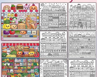 Kawaii Grocery Store Coloring Pages, Cartoon Food (Digital Download)