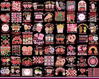 May include: A digital collection of Valentine's Day themed graphics on a black background, featuring pink and red illustrations of hearts, cassette tapes, coffee cups, pizza slices, and text phrases like Love Songs, Love More, and Be My Valentine.