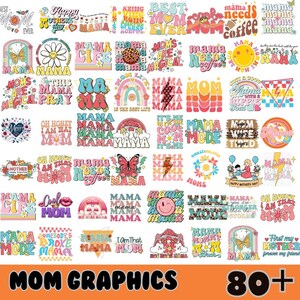 May include: A collection of 80+ colorful graphic designs featuring the word "mama" in various styles and fonts. The designs include rainbows, butterflies, flowers, and other whimsical elements. The designs are perfect for creating t-shirts, mugs, tote bags, and other personalized gifts.