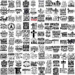 May include: A collection of black and white Christian-themed graphics with various inspirational phrases and religious symbols, such as crosses and the word "Jesus."