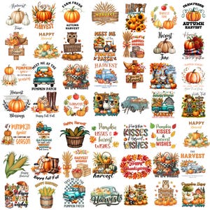 Puede incluir: Una colección de diseños digitales con temática otoñal que presentan calabazas, girasoles y elementos de cosecha. Los diseños incluyen texto como "Happy Harvest", "Pumpkin Patch" y "Harvest Time". La paleta de colores incluye naranja, amarillo y marrón.