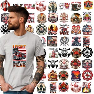 May include: A grey t-shirt featuring a red, white and blue American flag design with the text "I Fight What You Fear". The shirt depicts a red fire engine with a ladder and a firefighter on board. The image also includes a range of other firefighter-themed designs, such as helmets, axes, fire hydrants, and the phrases "Fire Life", "First In Last Out", "Love My Hero", and "Back The Red".