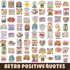 Puede incluir: Una colección de 36 ilustraciones retro coloridas con citas positivas. Las ilustraciones presentan flores, arcoíris, nubes, hongos y otros elementos caprichosos. Las citas incluyen frases como "Happy Mind Happy Life", "Good Vibes Only", "Make Today Great", y "You Got This!"