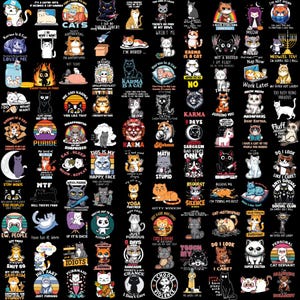 May include: A black background with a grid of 64 colourful squares, each featuring a cartoon cat with a funny saying. The sayings are about cats, life, and humour. Some of the sayings include "Karma is a cat", "I do what I want", "This is my happy face", "I'm not anti-social, I just don't care", and "I have a list of the people you missed".