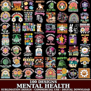 Könnte beinhalten: Eine Sammlung von 100 farbenfrohen Grafikdesigns zum Thema psychische Gesundheit auf schwarzem Hintergrund, mit Illustrationen von Blumen, Tieren, Totenköpfen und Regenbögen sowie Texten wie Mental Health Matters und It Is Okay To Feel.