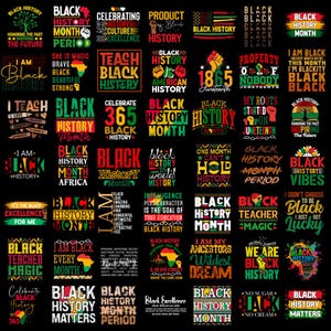 Può includere: Una collezione di grafiche con testo relativo al Black History Month, al Juneteenth e alla cultura afroamericana. I design presentano vari font, colori e frasi come "Black History", "Celebrate" e "I Am Black."