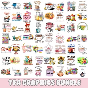 May include: A collection of 40 colorful tea-themed graphics featuring various teacups, teapots, and tea-related sayings. The graphics are perfect for creating t-shirts, mugs, tote bags, and other merchandise.