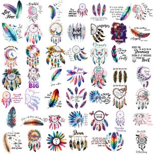 May include: A selection of colourful dreamcatcher and feather designs. The images feature various colours, including blue, pink, and yellow, with inspirational quotes. The designs are suitable for stickers or decals.