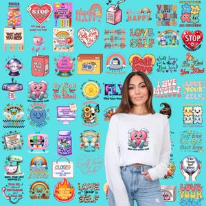 May include: A collage of colorful digital illustrations with positive messages and self-love themes. The illustrations feature hearts, butterflies, rainbows, flowers, and other whimsical designs. The text includes phrases like "Self Love Club", "Be Kind to Ya Mind", "Love Your Self", and "I Love Myself".