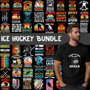 Peut inclure: Une collection de 20 designs de t-shirts colorés sur le thème du hockey sur glace, avec différents slogans et graphismes. Les designs incluent des bâtons de hockey, des rondelles, des joueurs et d'autres images liées au hockey. Les designs sont parfaits pour les fans et les passionnés de hockey.