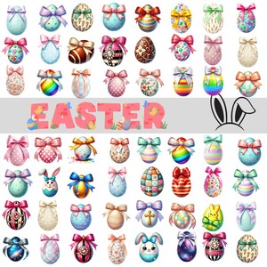 May include: A selection of decorated Easter eggs, each with a unique pattern and a bow. The word "EASTER" is displayed in pink, with Easter-themed illustrations. The image includes a bunny ear graphic.