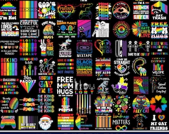 Puede incluir: Una colección digital de 400 diseños gráficos con temática LGBTQ que presentan colores arcoíris, símbolos de orgullo y eslóganes sobre un fondo negro. Las imágenes incluyen ilustraciones de animales, esqueletos, corazones y frases.