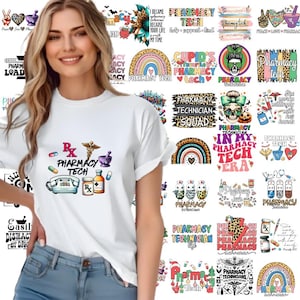 Pode incluir: Uma camiseta branca com um design gráfico colorido com tema de técnico de farmácia. O design inclui um almofariz e um pilão, um telefone, pílulas e o texto "Rx Pharmacy Tech".
