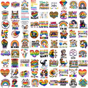 Puede incluir: Una colección de 40 diseños temáticos de orgullo arcoíris con varios lemas, gráficos e ilustraciones. Los diseños incluyen arcoíris, corazones, mariposas y otros símbolos de la comunidad LGBTQ+. El texto incluye frases como "El amor es el amor", "Proteger a los jóvenes", "Sé tú mismo", "El amor gana" y "Gaymer".